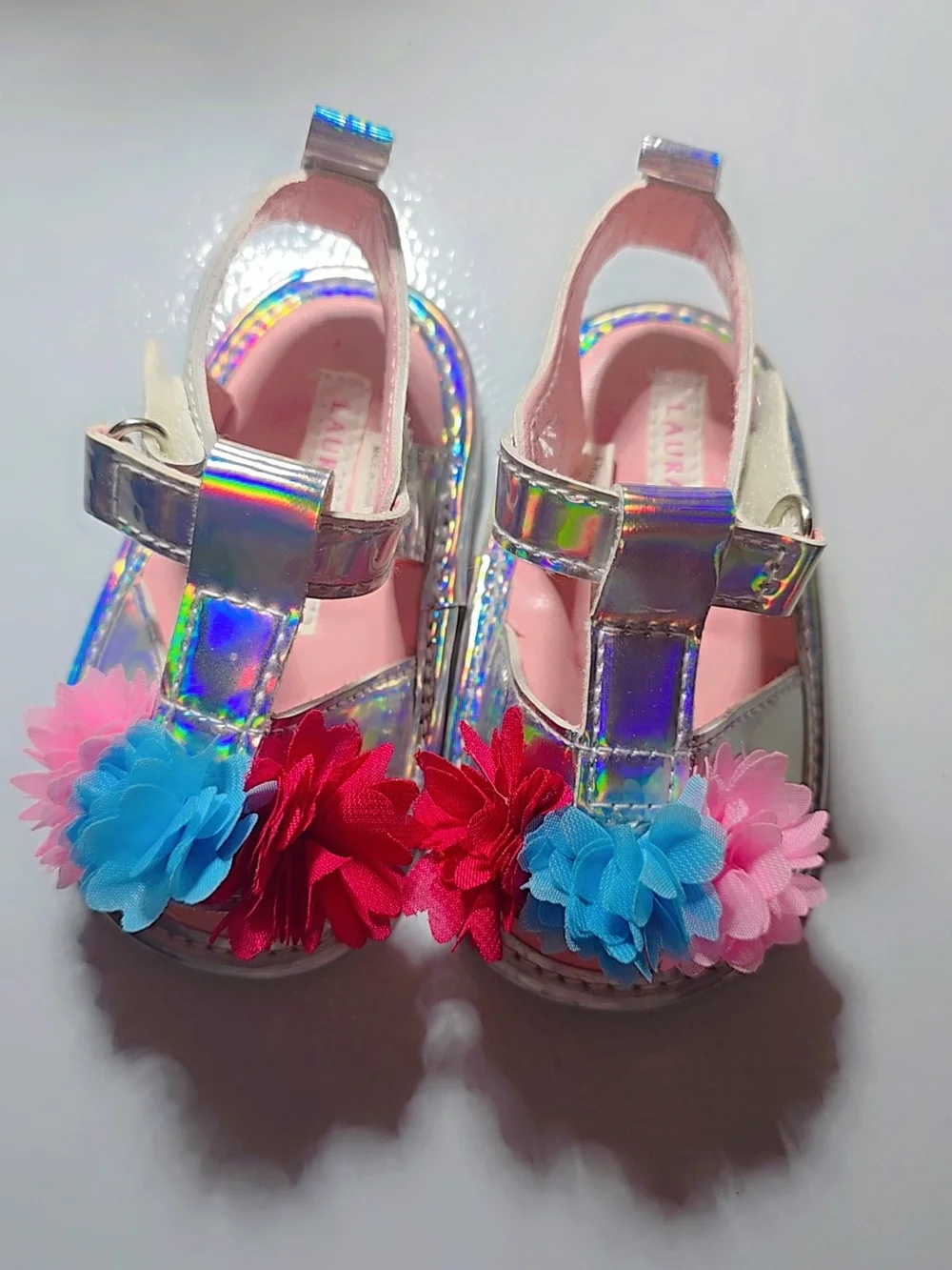 Kids Holographic T-Strap Sandals with Pink & Blue Flower Accents